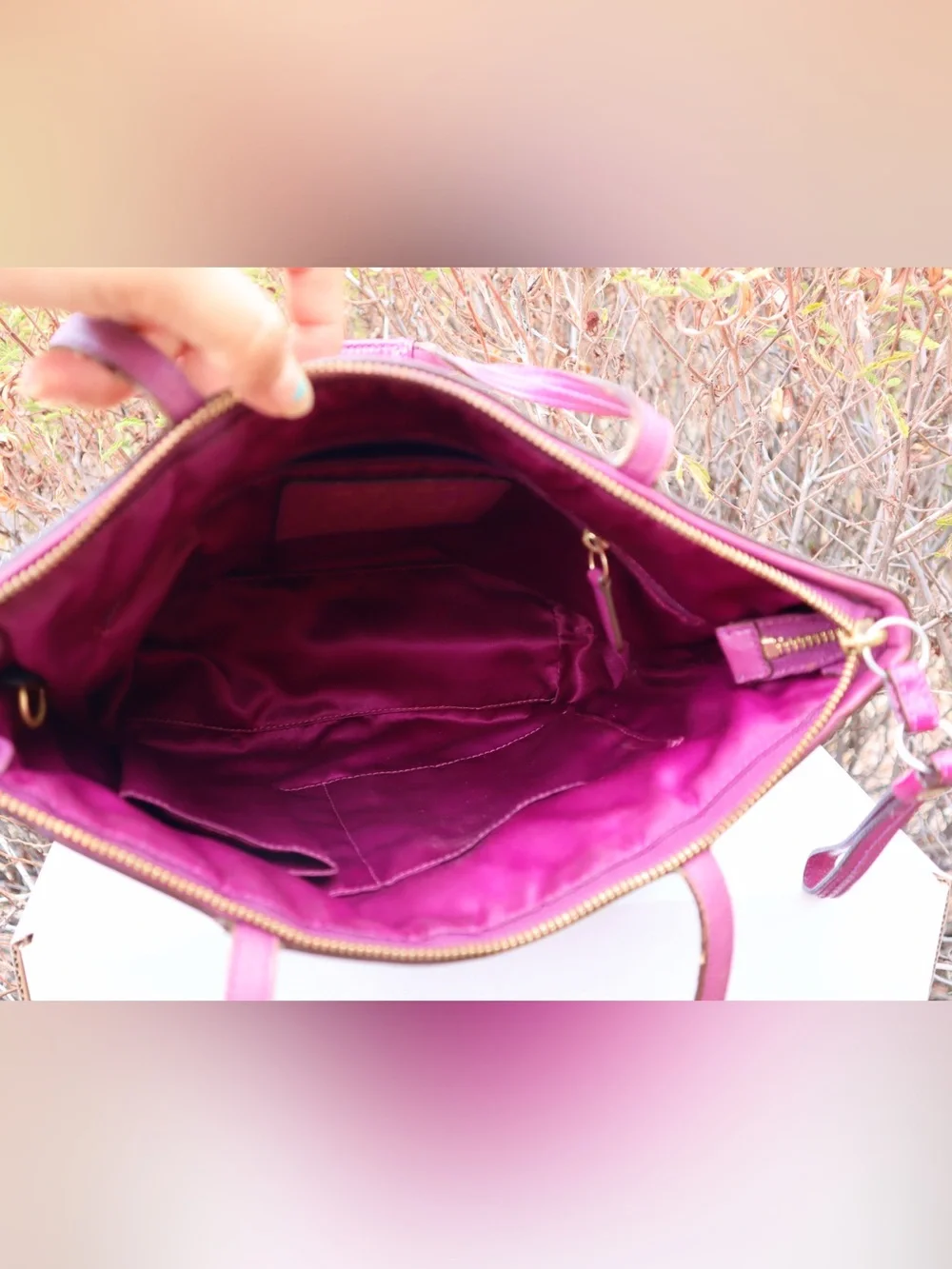 Coach Signature Berry Stripe Patent Leather Tote Shoulder Bag, Berry Red/Pinkish